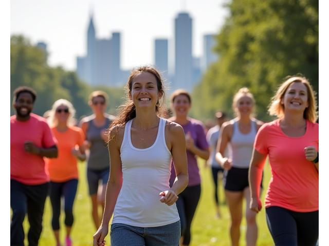 Diverse group of Atlanta residents participating in a vibrant outdoor wellness event, with city skyline in background, showcasing community engagement and vitality.