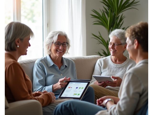 Diverse group of adults engaging with a modern wellness platform on tablets and laptops, smiling and healthy. Focus on technology integration and active lifestyle.