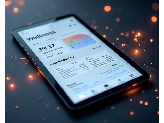 Modern wellness app interface displayed on a tablet, surrounded by subtle glowing data points and health icons, symbolizing advanced technology and user experience.