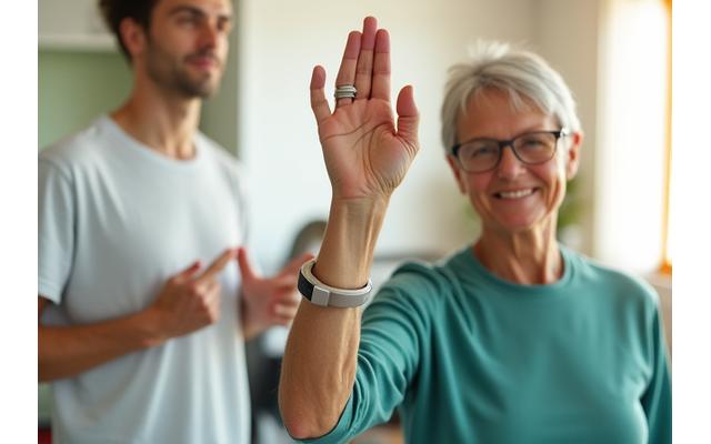 Mature adult engaged in vibrant wellness activities, demonstrating balance and vitality with a sleek health tracker