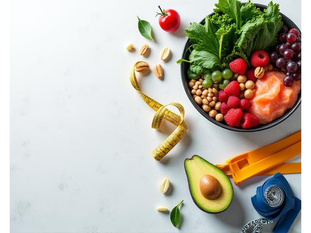 Fresh, colorful food and fitness gear representing metabolic health and weight management.