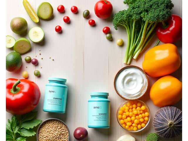 A vibrant platter of nutrient-rich foods and probiotic supplements, symbolizing nutrition transformation and gut health.