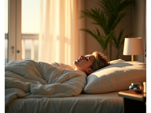 A tranquil bedroom scene with a person sleeping soundly, representing sleep optimization and recovery.