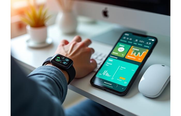 A sleek smartwatch displaying health metrics, connected to a tablet showing a personalized wellness app dashboard.