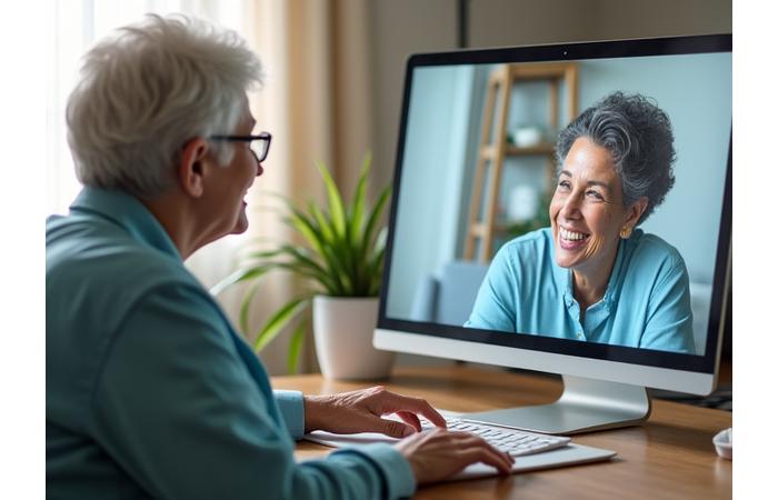 A healthcare professional on a video call with a client, demonstrating a telehealth consultation.