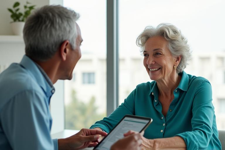 Vitalife Canopy team member with a client in a modern, light-filled office, demonstrating approachable human-centered care.