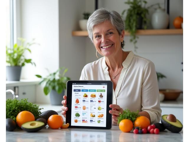 Woman viewing a personalized digital meal plan on a tablet with nutritious food ingredients on a table, signifying modern, tailored dietary planning.