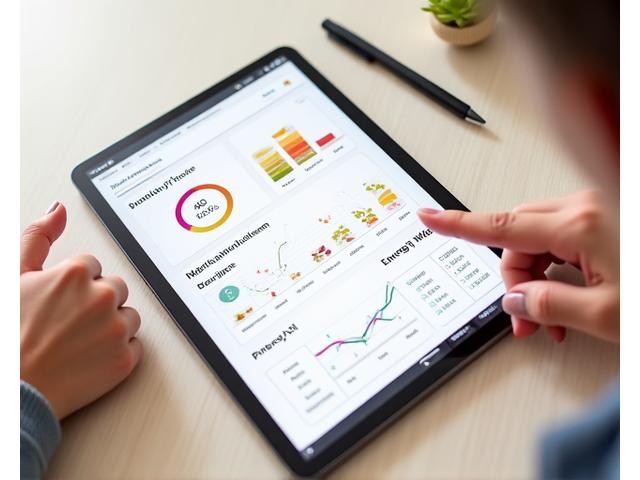Screenshot of a modern nutrition tracking dashboard showing charts of nutrient intake, energy levels, and health outcomes on a smartphone screen.