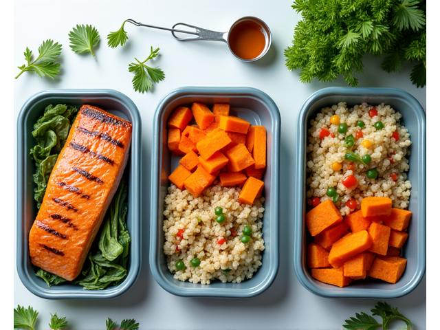A colorful assortment of healthy meal prep containers filled with nutritious, aesthetically pleasing meals, on a modern kitchen counter.