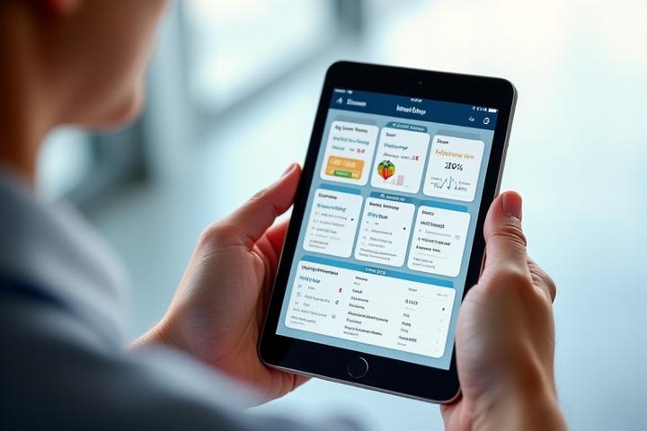 A modern digital dashboard displaying integrated health metrics from various wearable devices: heart rate, sleep cycles, activity levels, and nutrition, all in one view.