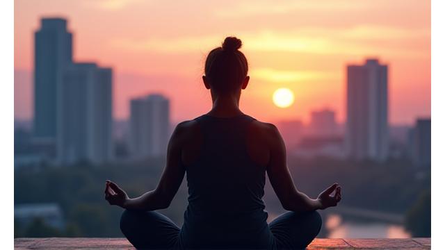 A serene shot of the Atlanta skyline at dawn, with a person meditating in the foreground, representing urban mindfulness.