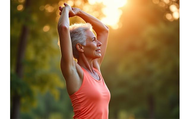Older adult in athletic wear stretching dynamically outdoors, early morning, symbolizing active aging.