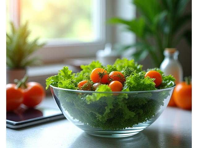 Close-up of a vibrant, fresh salad in a bowl with a tablet displaying health data in the background, symbolizing modern, science-backed nutrition.