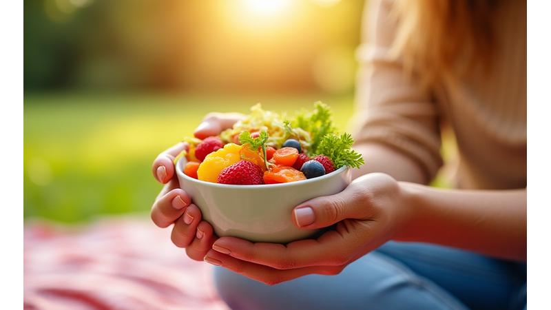 Image of a person enjoying a vibrant, healthy meal outdoors, emphasizing freshness and a balanced diet. The setting is bright and inviting.
