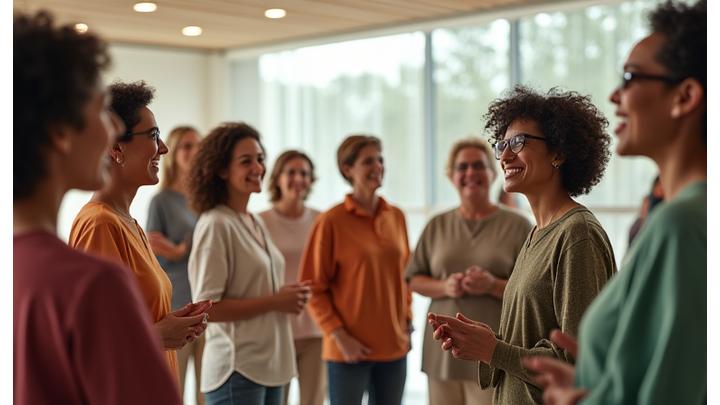 Diverse group of Atlanta adults smiling and interacting positively in a modern, light-filled community center, symbolizing connection and mutual support.