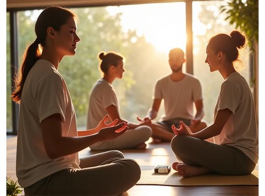 Diverse group of sophisticated adults engaging in various wellness activities like yoga, light exercise, and mindful meditation in a modern, sunlit setting. They represent vitality and joyful aging.