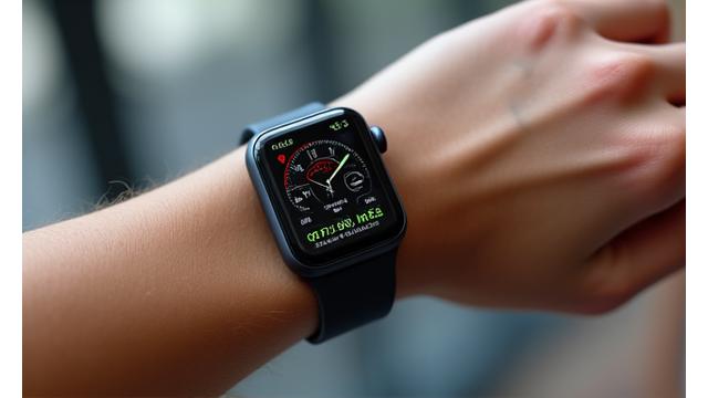 Image of a sleek, advanced fitness tracker smartwatch on a modern wrist, displaying detailed health data like heart rate zones and steps.