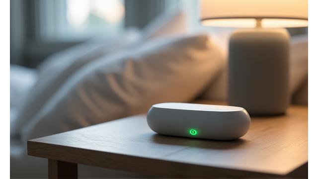 Image of a sleek, minimalist smart sleep device on a bedside table, emitting a subtle calming glow.
