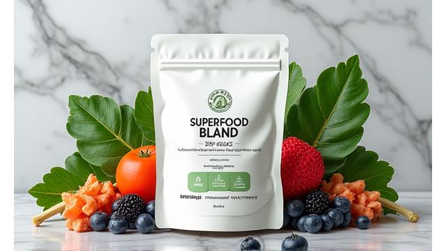 Image of a modern, clean packaging of a premium organic superfood blend, with vibrant fruits and vegetables in the background.