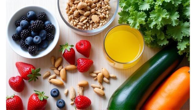 Image of fresh, vibrant metabolism-boosting foods like berries, nuts, and leafy greens arranged artistically on a wooden table.
