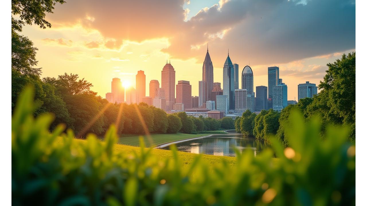 Panoramic view of the Atlanta skyline with subtle overlays of health-related icons, symbolizing local wellness