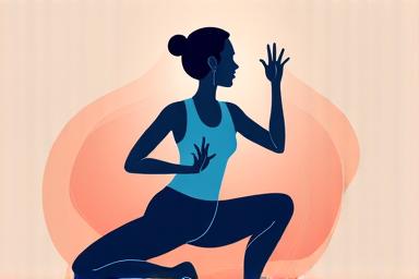 Dynamic illustration of an adult exercising efficiently with a smartwatch, showing data overlays