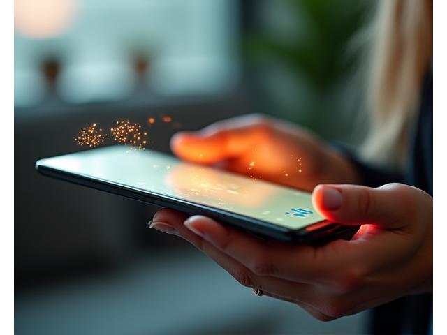 Person interacting with a calm, glowing tablet displaying a mindfulness app with abstract biometric data overlays, set in a modern, clean environment.
