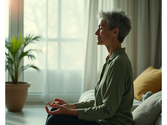 Person meditating peacefully in a modern, serene environment with digital overlay concepts illustrating calmness and connectivity