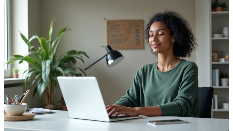 Person using a laptop in a calm, organized modern office, subtly incorporating mindfulness practices, representing stress management in a professional setting.