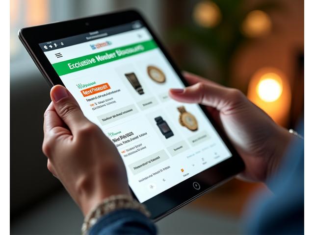 A close-up of a tablet screen displaying exclusive member discounts and new product previews, with a hand hovering over a 'Discover More' button.