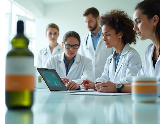 Team of Vitalife Canopy health experts reviewing product data on tablets and laptops, surrounded by various wellness products like supplements and smart watches.