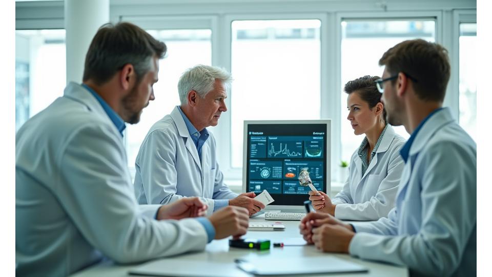 A diverse group of health professionals and adults examining a variety of wellness products in a bright, modern lab setting.