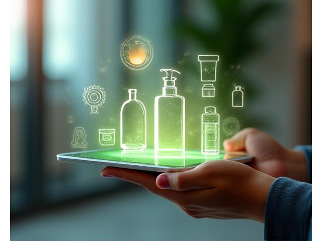 A person interacting with a holographic interface showing personalized wellness product recommendations based on their health data, with a vibrant, clean aesthetic.
