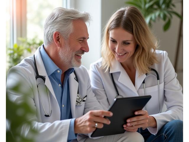 Healthcare professional helping a mature adult understand complex health data on a tablet, symbolizing expert guidance and personalized attention in an online setting.