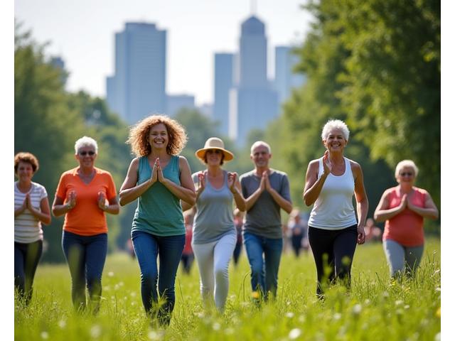 Diverse group of active, mature adults enjoying an outdoor yoga session in a vibrant Atlanta park, symbolizing local community and shared wellness activities.