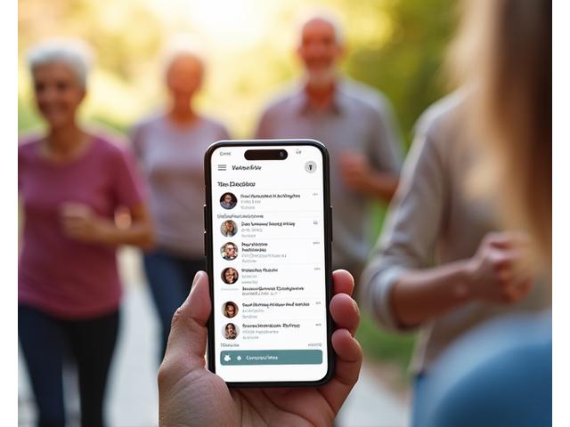 A sleek smartphone displaying the Vitalife Canopy forum mobile app interface, with a subtle background of blurry, active individuals, signifying easy access to community on the go.