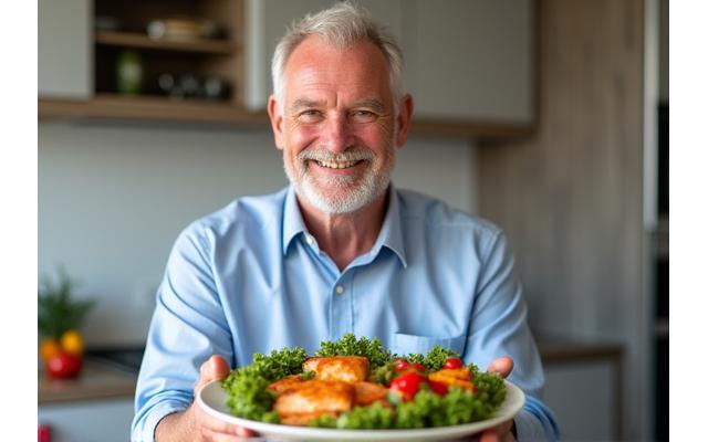 David, a healthy man in his early 60s, proudly displaying a healthy home-cooked meal, emphasizing nutrition and lifestyle transformation.