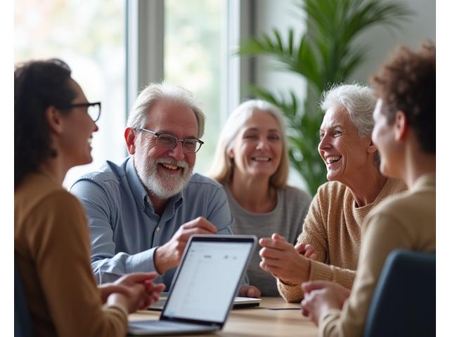 Diverse group of adults interacting happily in a vibrant online forum setting, connecting and sharing ideas, symbolizing peer support and community engagement.
