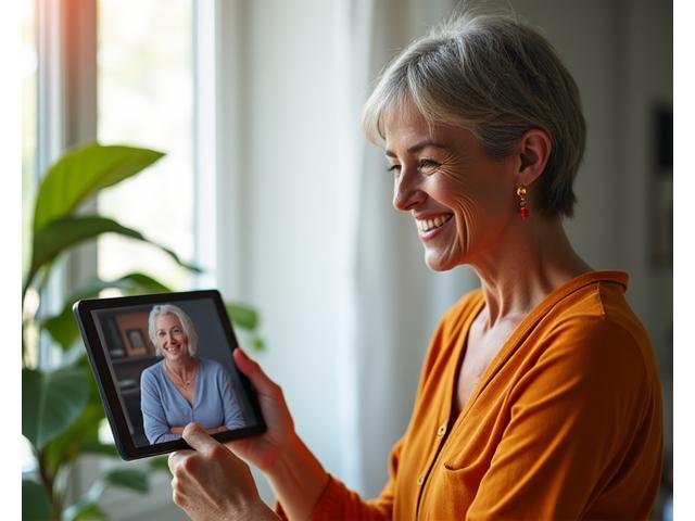 A smiling female health coach demonstrating online wellness program on a tablet, engaging with a mature adult through a virtual session, bright and modern setting