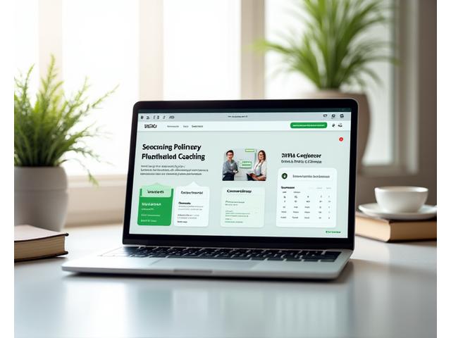 A secure virtual coaching interface displayed on a laptop and tablet, showing a video call with a health coach and integrated health metrics, emphasizing encryption and user-friendliness